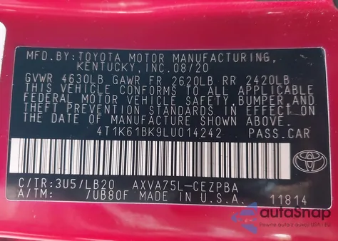2020 Toyota Camry Xse Awd from USA, damaged, VIN 4T1K61BK9LU014242